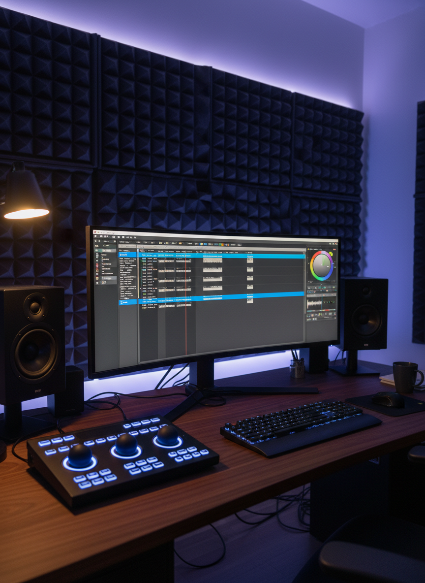 A meticulously organized video and audio post-production desk in a sleek Prague studio, featuring a large ultrawide reference monitor displaying a paused short film timeline with subtle color grading wheels on the side. A compact color grading control surface with glowing, deep-blue trackballs sits beside a low-profile mechanical keyboard and studio monitor speakers with matte black cones. The scene rests on a dark walnut desk against a charcoal acoustic panel wall. Soft, indirect LED strip lighting washes the wall in a cool, controlled gradient, with a single desk lamp casting a warm pool of light. Photographic realism, shot at eye level with shallow depth of field, creates a sophisticated, cinematic, focused atmosphere.