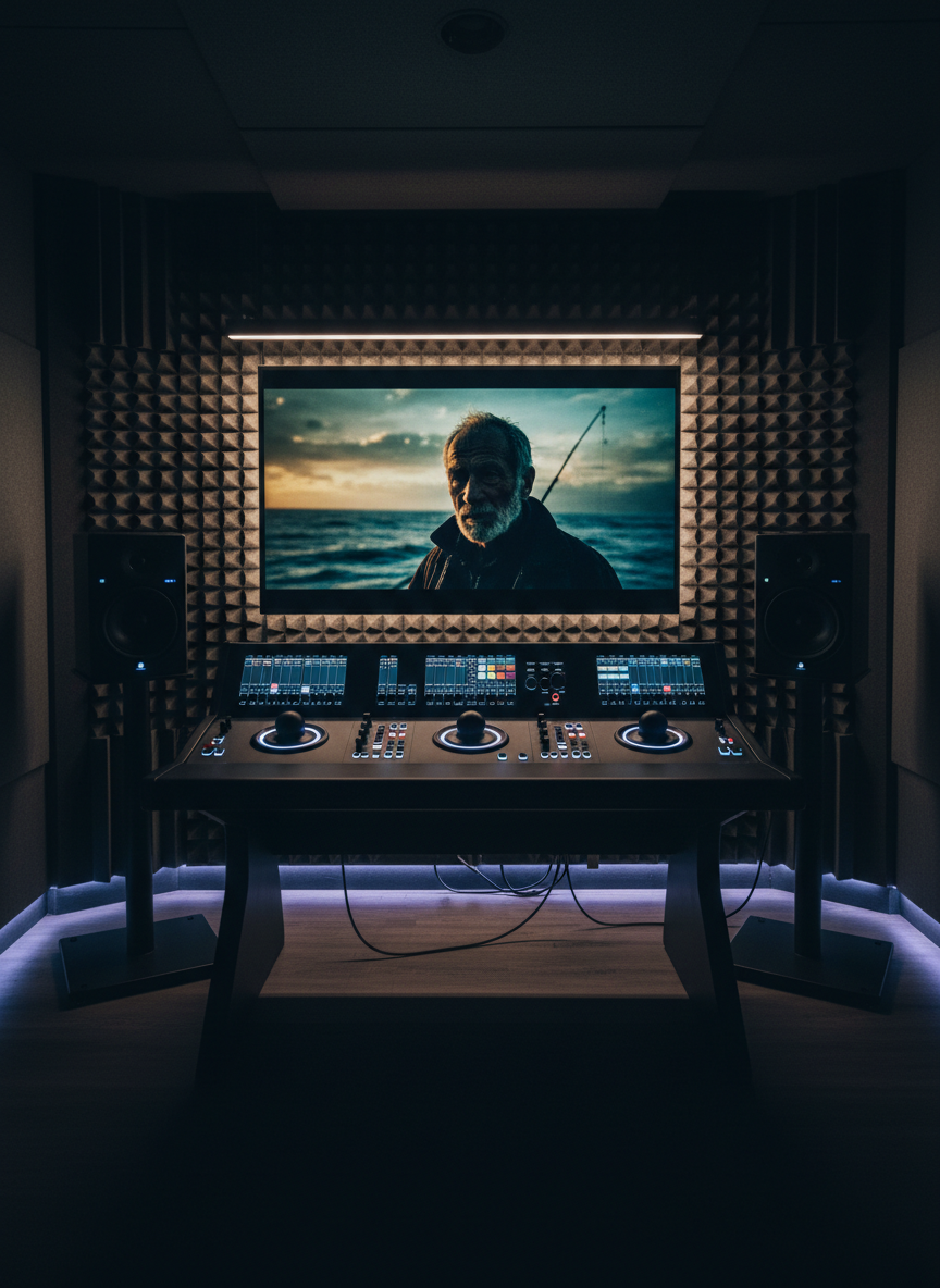 A dedicated color grading suite captured in photographic realism, with a large calibrated reference display floating against a dark, textured acoustic wall, showing a still from a moody documentary in rich, balanced tones. In front, a professional three-trackball grading console glows subtly with tiny, precise status LEDs, flanked by two nearfield studio monitors on isolated stands. The room is lit only by dimmable bias lighting behind the screen and a faint floor-level LED strip, preserving contrast and creating a cocoon-like atmosphere. Shot from a slightly wide angle over the console, the composition emphasizes depth and symmetry, evoking a refined, high-end, cinematic environment tailored to serious post-production work.